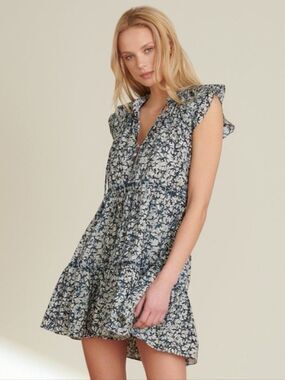 Veronica Beard Floral V-Neck Ruffle Sleeve Mini Dress in Navy and White Sz 0
